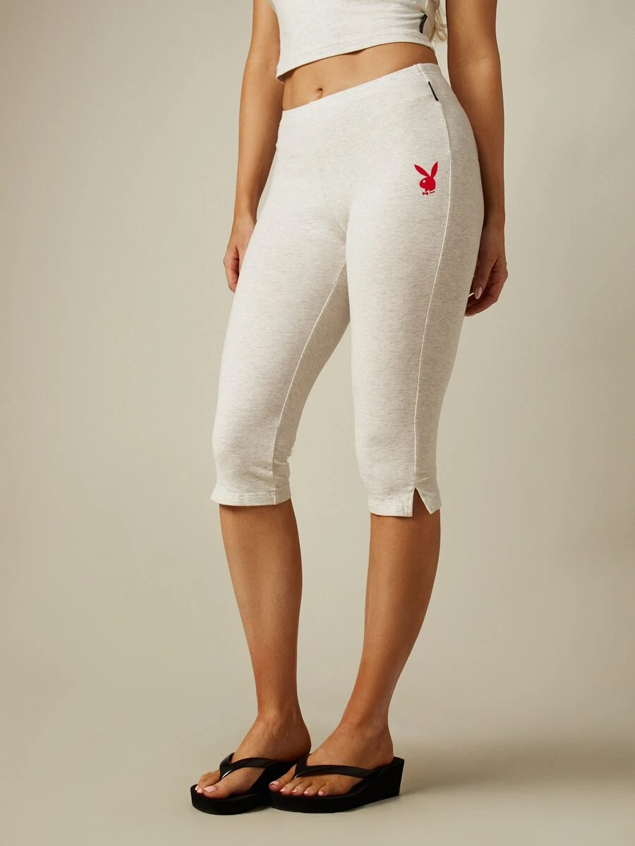 Missguided x Playboy Script Logo Capri Leggings With Bunny Print And Back Branding In Grey Marl - Light Grey - View 1