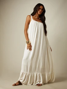 MISSGUIDED Linen Midaxi Dress With Lace Trim Straps Square Neck Ruffle Hem Flowy Summer Boho Beach Maxi Dress - White - View 1