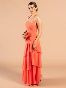 Rouah Vestido Maxi de Mujer con Cuello Halter, Espalda Abierta, Fruncido y Doble Capa - Vestido de Verano, Vestido de Recepción de Boda, Vestido de Fiesta, Vestido de Ocasión, Vestido de Vacaciones - Naranja - Ver 7