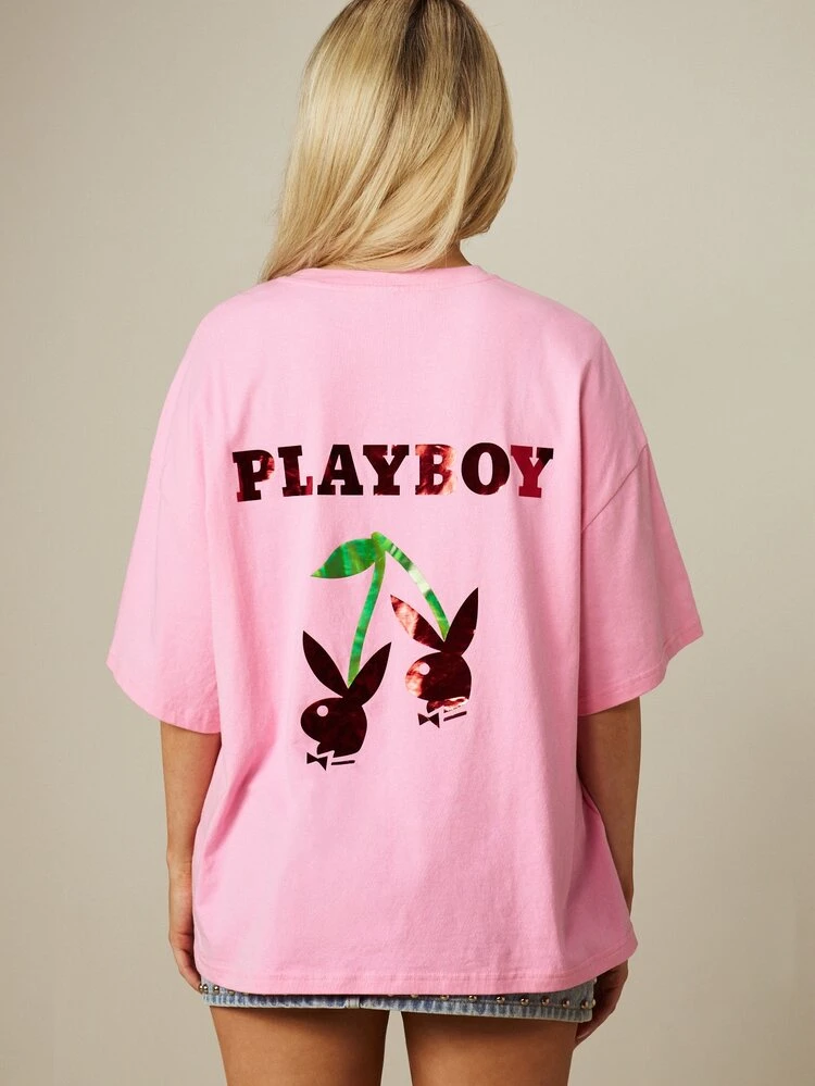 Missguided x Playboy Foil Print Oversized T-Shirt With Cherry Graphic