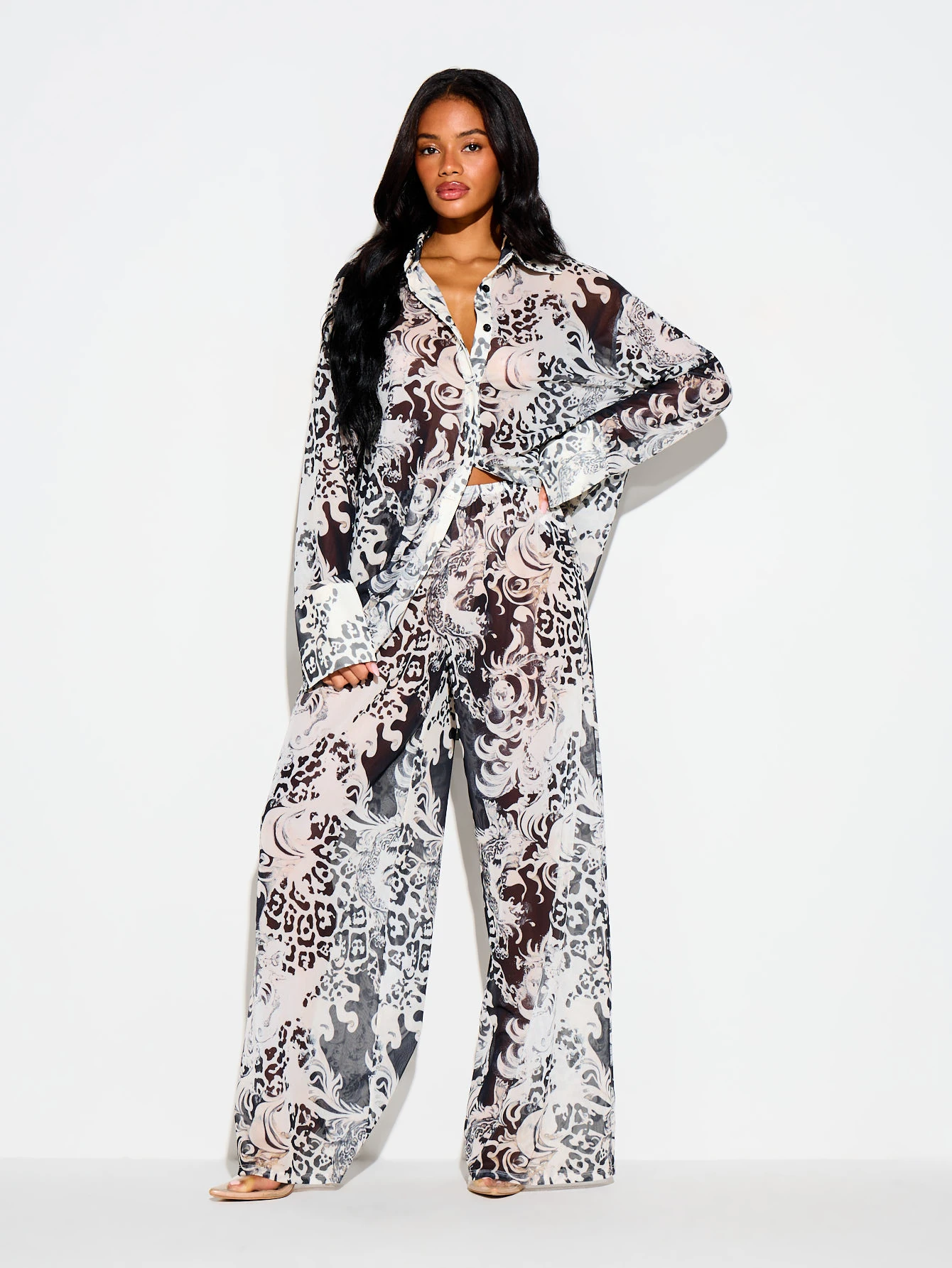 Baroque Animal Print Oversized Sheer Shirt
