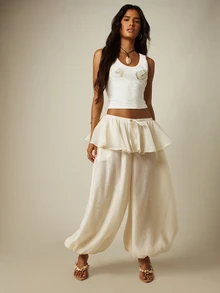 MISSGUIDED Peplum Waist Textured Chiffon Balloon Trouser Wide Leg Ruffle Drawstring Pull On Summer Pants - Apricot - View 4