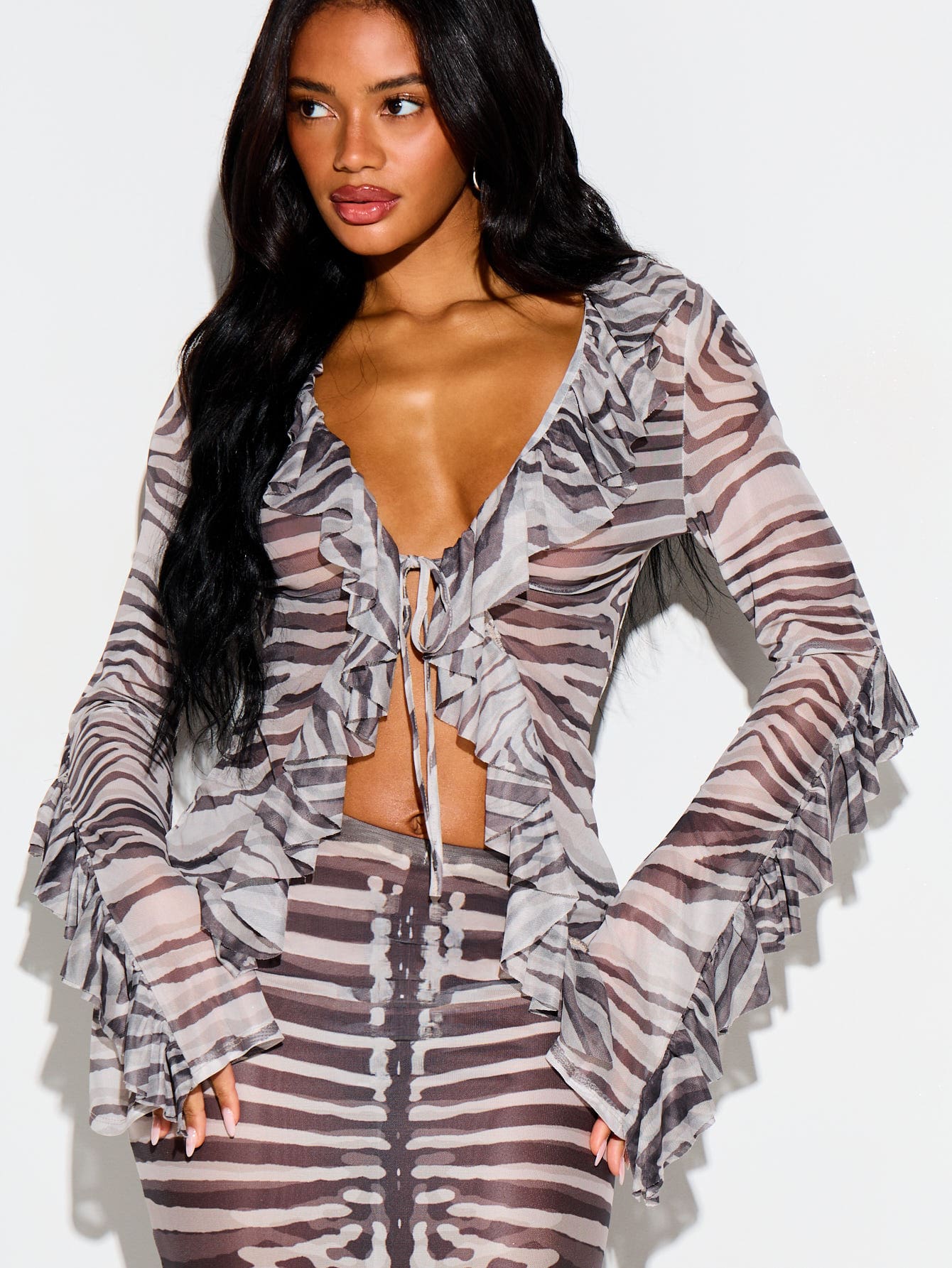 ZEBRA PRINT TIE FRONT FRILL TOP