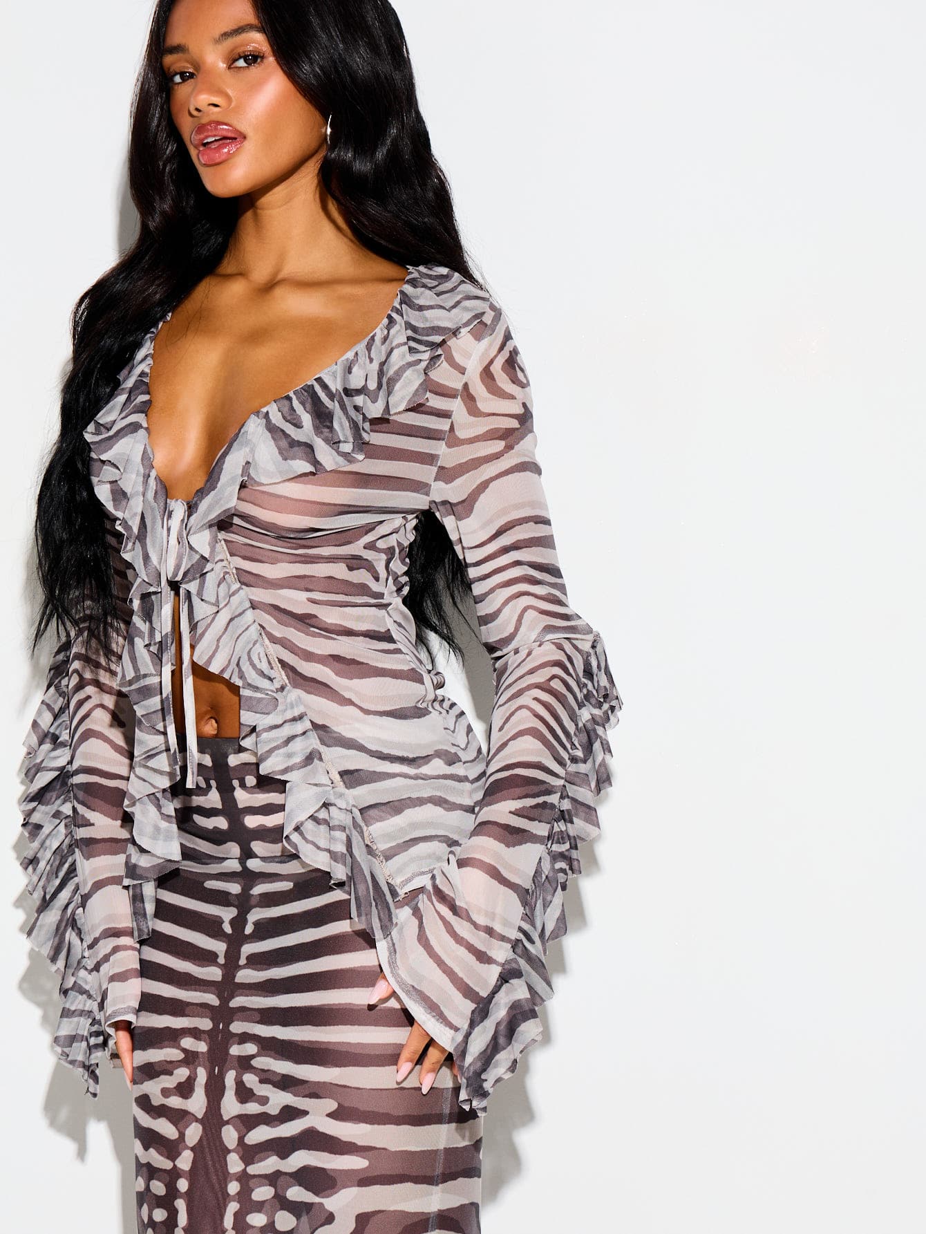 ZEBRA PRINT TIE FRONT FRILL TOP