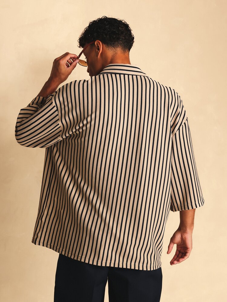 Striped Crochet Texture Cuban Collar Oversized Shirt With Short Sleeves And Chest Pocket