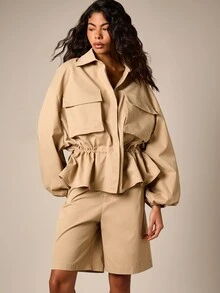 AiiRZ Chaqueta de utilidad con bajo peplum, bolsillos cargo, cintura elástica, mangas globo, cuello y cierre de botones, primavera otoño - Caqui - Ver 1