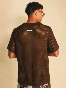 SUMWON Top de verano de manga corta con cuello polo de punto abierto, textura de tejido abierto y ajuste regular relajado - Marrón - Ver 2