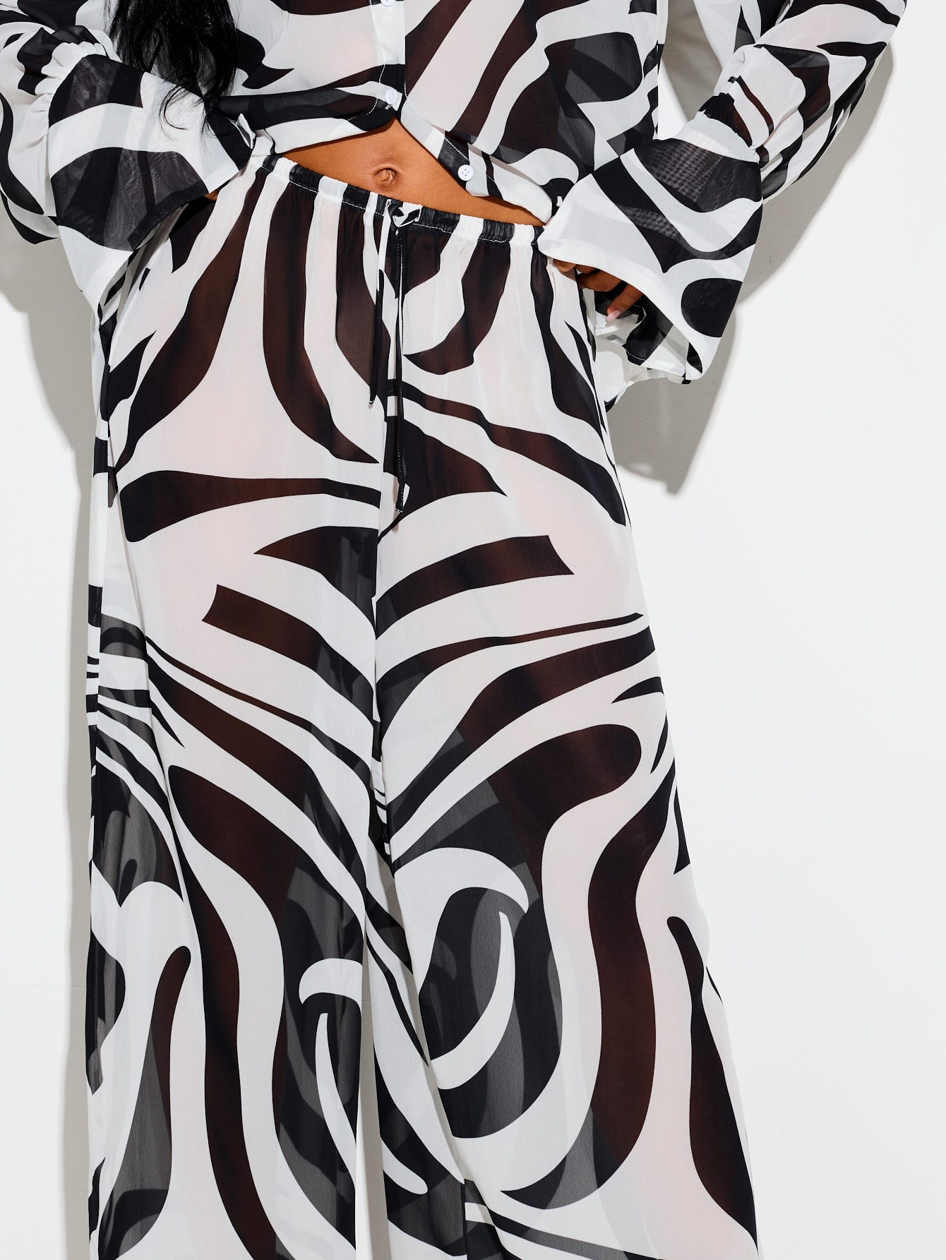 Sheer Wide Leg Trousers With Swirl Print