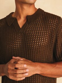 SUMWON Top de verano de manga corta con cuello polo de punto abierto, textura de tejido abierto y ajuste regular relajado - Marrón - Ver 5