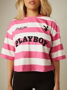 Missguided x Playboy Padel Club 大版短版圓領短袖T恤 亮粉色白色條紋圖案印花 - 彩色 - 查看 5