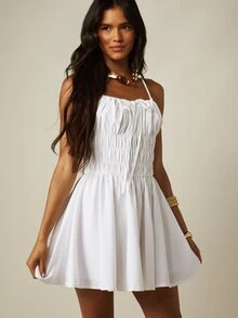 MISSGUIDED Shirred Waist Mini Dress With Square Neck Spaghetti Straps Fit And Flare Skirt Summer Beach Vacation Style - White - View 4