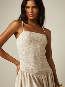 MISSGUIDED 亞麻質感抓皺縮褶上身細肩帶低腰喇叭裙迷你洋裝 夏季 - 米色 - 查看 5
