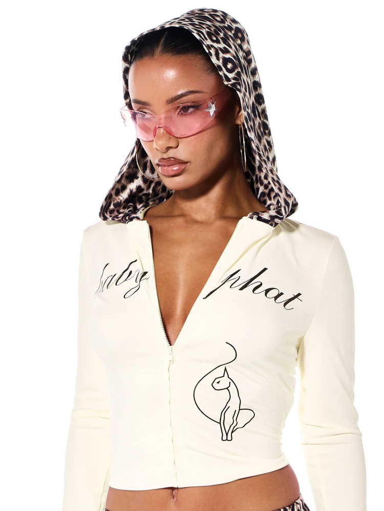 BABYPHAT Zip-Up Cropped Jersey Hoodie Top With Contrast Leopard Print Hood And Logo Graphic Detail
