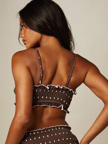 MISSGUIDED Smocked Polka Dot Bikini Set With Ruffle Lettuce Edge Detail Spaghetti Strap Top And Skirted Bottom Summer Beach - Brown - View 2