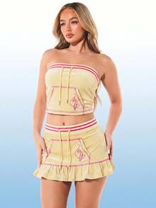 BABYPHAT Velour Mini Skirt With Ruffle Frill Hem, Drawstring Waist, Contrast Stitching And Pocket Detail - Pale Yellow - View 3