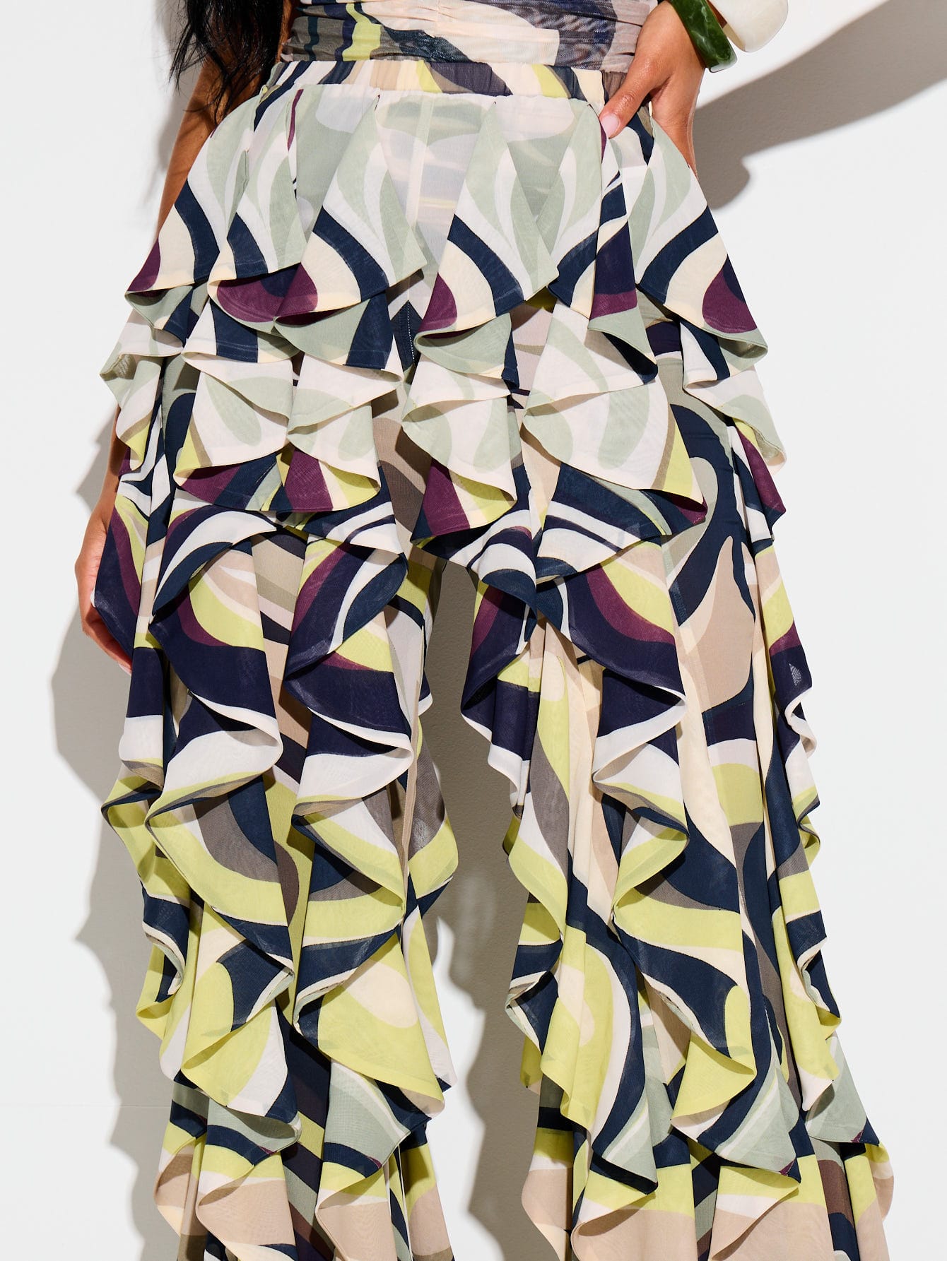 Swirl Print Ruffle Flare Trouser Pants