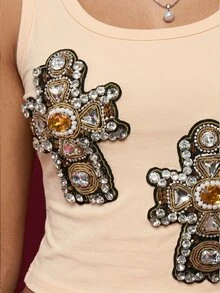 MISSGUIDED 水鑽十字貼片裝飾短版背心上衣 圓領無袖寶石貼花 節慶夏季上衣 - 奶油色 - 查看 3