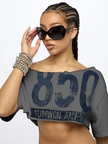 SUMWON WOMEN Off Shoulder Raw Hem Slouchy Crop Tee With Bold Front Number Graphic Print Vintage Distressed Style - Grey - View 6
