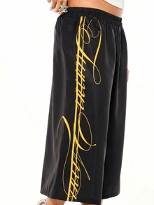 SUMWON WOMEN 寬腿九分短褲，金色文字印花與側邊條紋，彈性腰帶，休閒夏季長褲 - 黑色 - 查看 6