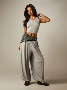 MISSGUIDED Jersey Co-Ord Crop Tank Top And Wide Leg Palazzo Pants Two-Piece Set Summer Lounge Outfit - Light Grey - View 5