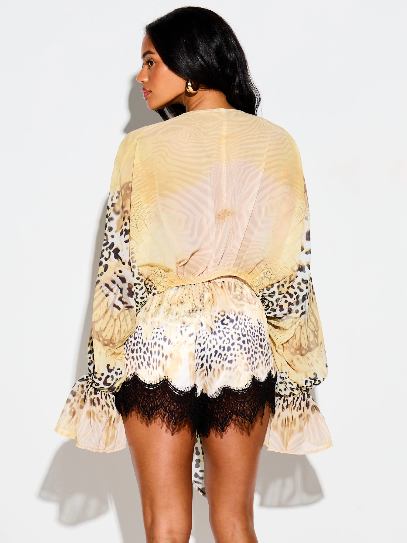 Animal Print Tie Front Blouse With Bell Sleeves