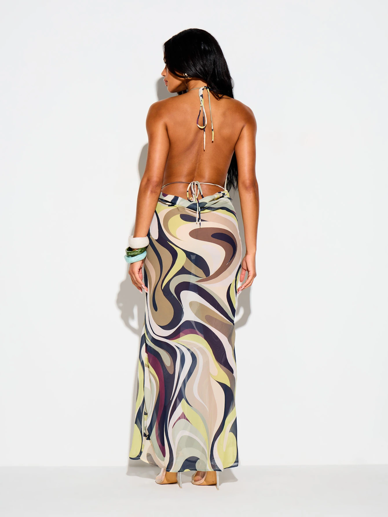 Swirl Print Chiffon Cowl Neck Maxi Dress