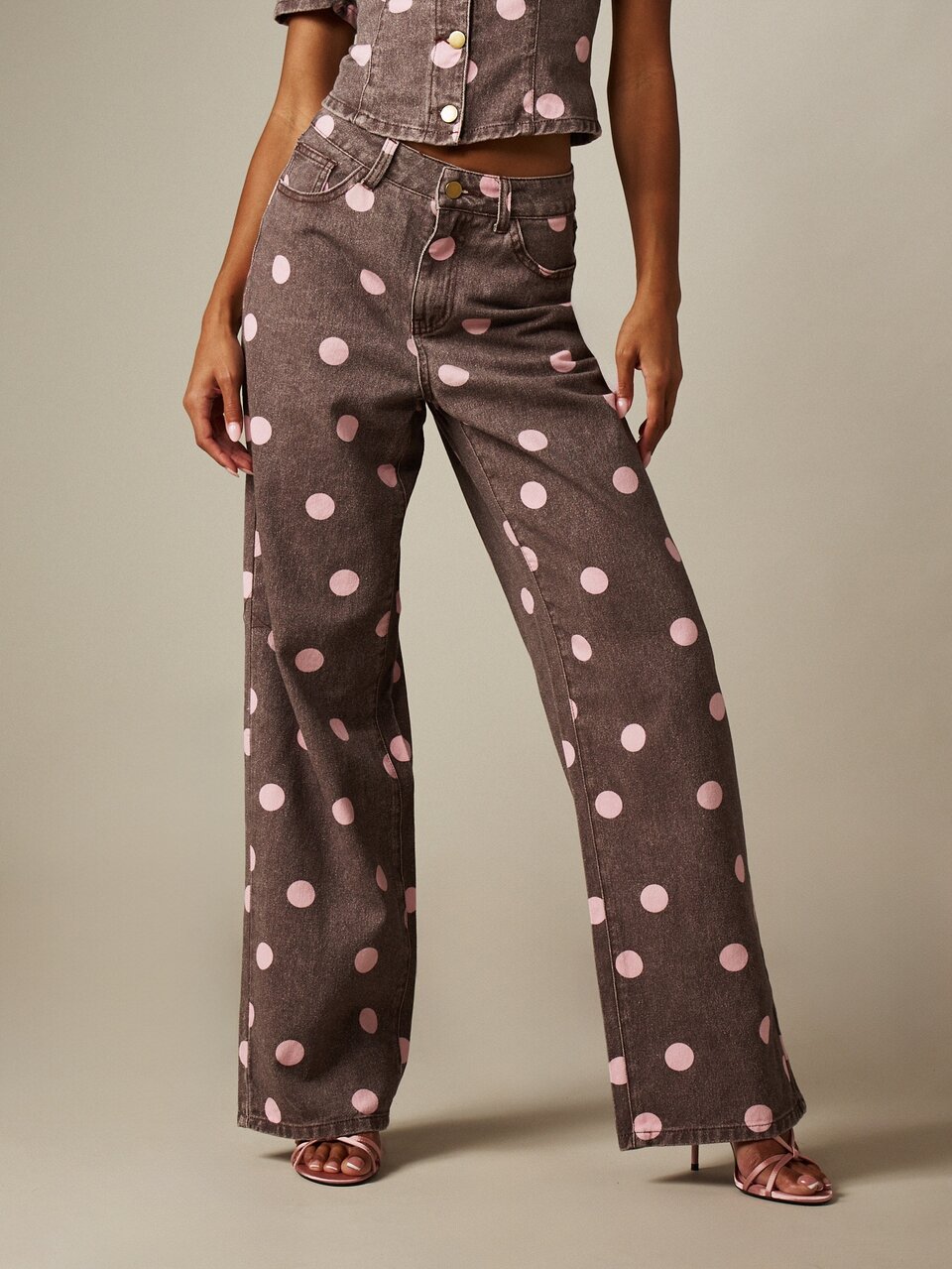 MISSGUIDED Mid Rise Polka Dot Wide Leg Straight Jeans Vintage Denim Casual Spring Summer Retro Style