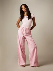 MISSGUIDED Mid Rise Polka Dot Wide Leg Baggy Jeans Retro Printed Denim Trousers For Spring Summer Casual Everyday Wear - Pink - View 3
