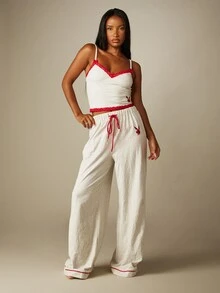 Missguided x Playboy Bunny Logo Lace Trim Cami Top And Wide Leg Lounge Pants Co-Ord Set Sleepwear Pyjama Set - Light Grey - View 1