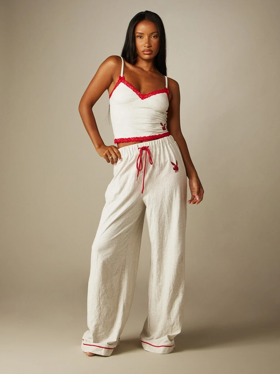 Missguided x Playboy Bunny Logo Lace Trim Cami Top And Wide Leg Lounge Pants Co-Ord Set Sleepwear Pyjama Set - Light Grey - View 1