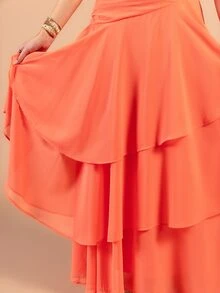 Rouah Vestido Maxi de Mujer con Cuello Halter, Espalda Abierta, Fruncido y Doble Capa - Vestido de Verano, Vestido de Recepción de Boda, Vestido de Fiesta, Vestido de Ocasión, Vestido de Vacaciones - Naranja - Ver 5