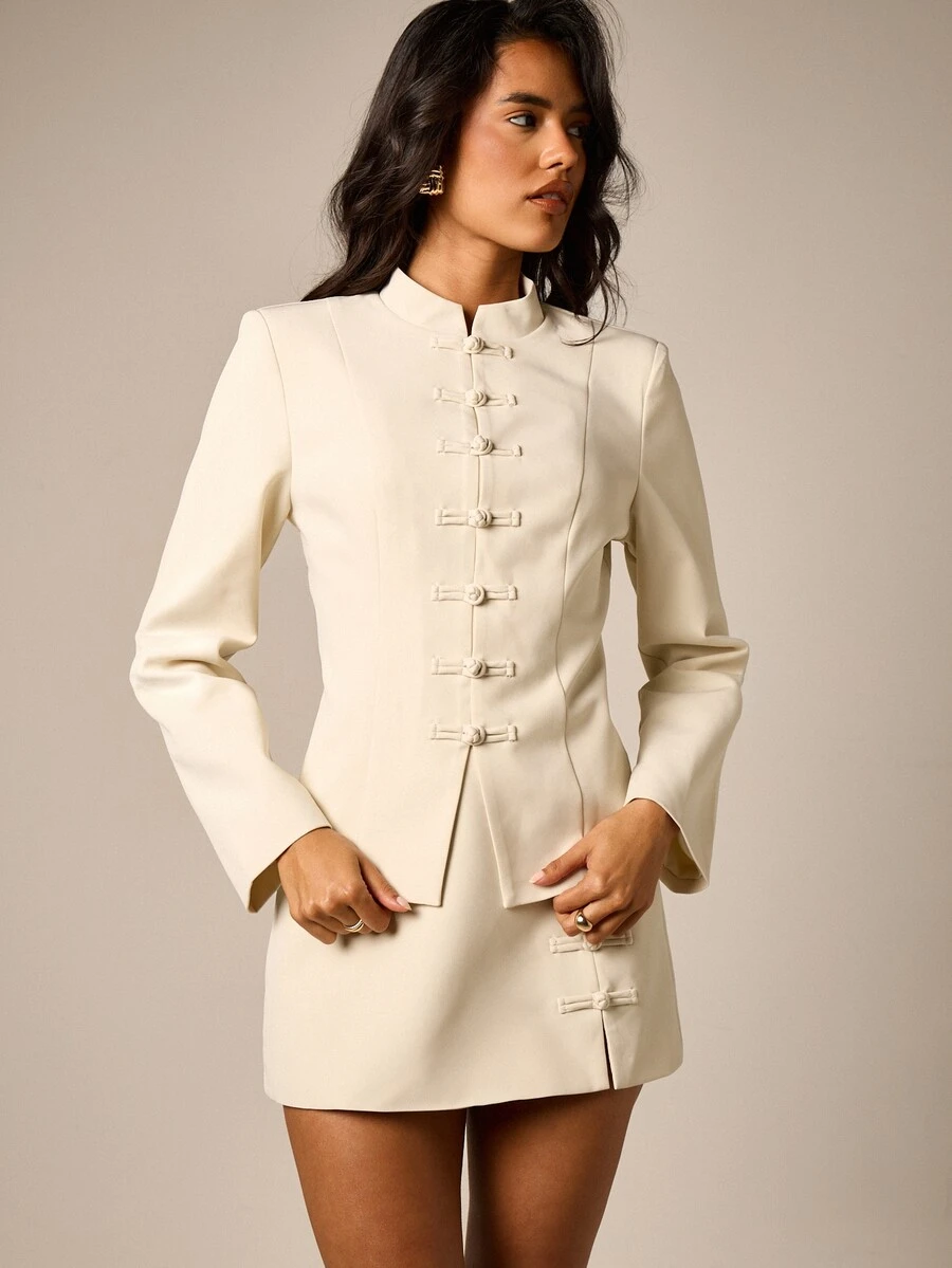AiiRZ Tailored Stand Collar Blazer With Chinese Pankou Frog Button Closure Fitted Structured Jacket - Apricot - View 1