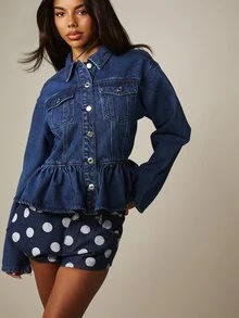 MISSGUIDED Peplum Hem Denim Jacket Button Front Chest Pockets Collared Long Sleeve Casual Spring Outerwear - Dark Wash - View 1
