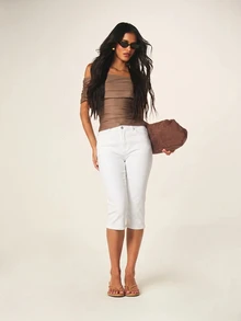 MISSGUIDED Stretch Denim Capri Jeans Mid-Rise Slim Fit Cropped Pants Summer Casual Everyday Style - White - View 3