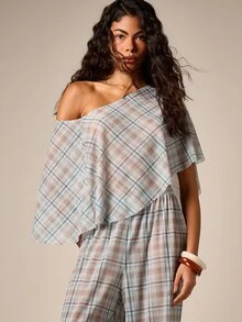 AiiRZ Plaid Check Asymmetric Cape Mesh Top With Off-Shoulder Neckline And Batwing Overlay - Summer Style - Multicolor - View 1