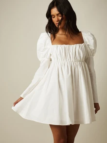 MISSGUIDED Smocked Square Neck Puff Sleeve Mini Babydoll Dress With Open Back Tie Detail Summer Party - White - View 4