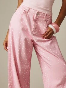MISSGUIDED Mid Rise Polka Dot Wide Leg Baggy Jeans Retro Printed Denim Trousers For Spring Summer Casual Everyday Wear - Pink - View 4