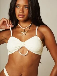MISSGUIDED Bandeau Bikini Set With Shell Trim Ring Detail Ruched Top And Thong Bottom Swimwear Summer Beach Vacation White Tropical Sexy - Light Yellow - View 4