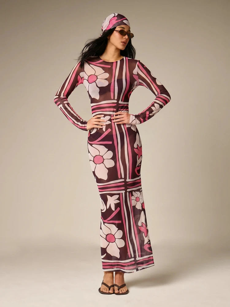 Long Sleeve Floral Printed Mesh Maxi Dress