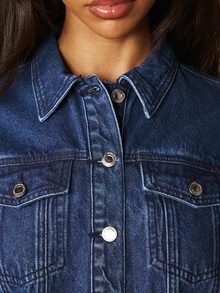 MISSGUIDED Peplum Hem Denim Jacket Button Front Chest Pockets Collared Long Sleeve Casual Spring Outerwear - Dark Wash - View 4