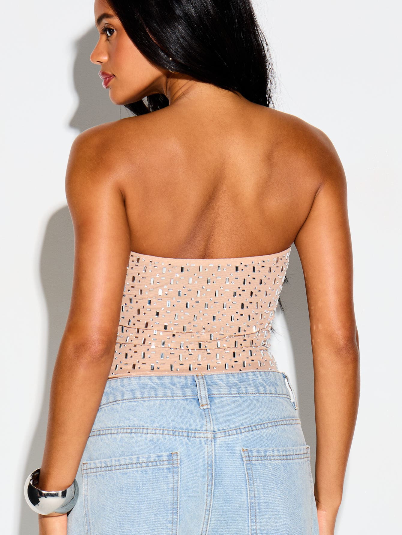 Rhinestone Mesh Strapless Bandeau Crop Top
