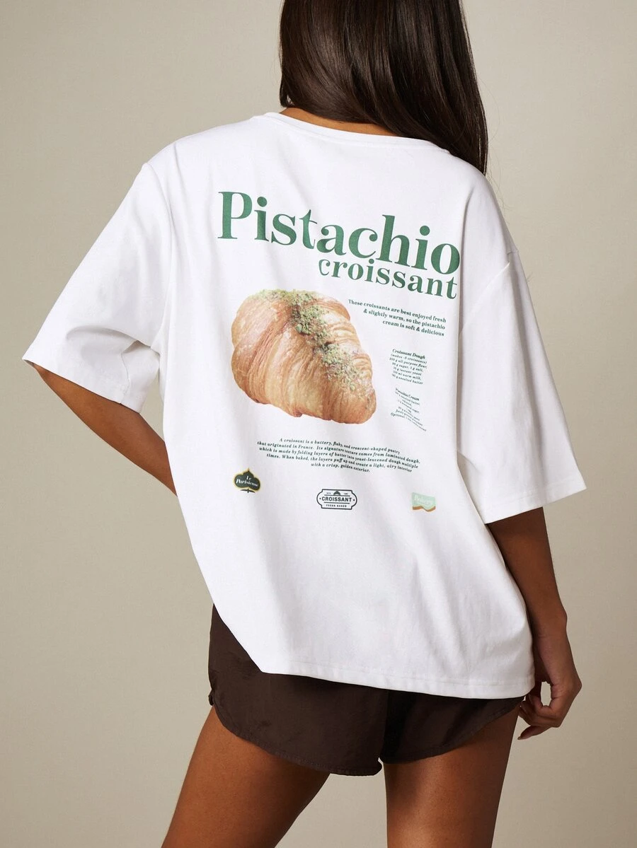 MISSGUIDED Oversized Boxy Graphic Tee With Pistachio Croissant Back Print And Round Neckline - Casual Summer Staple - White - View 1