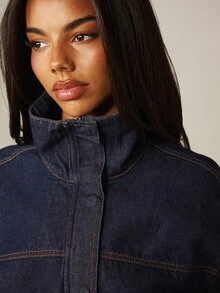 MISSGUIDED Funnel Neck Relaxed Fit Denim Jacket With Contrast Stitching Oversized Cropped Fall Winter Outerwear - Blue - View 4