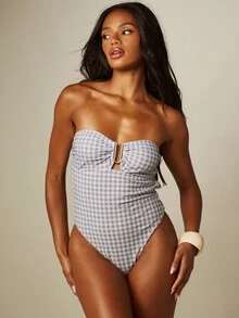 MISSGUIDED 格紋平口式一件式泳衣，配有環形金屬飾件與露背設計，適合夏季海灘度假 - 霧霾藍 - 查看 1