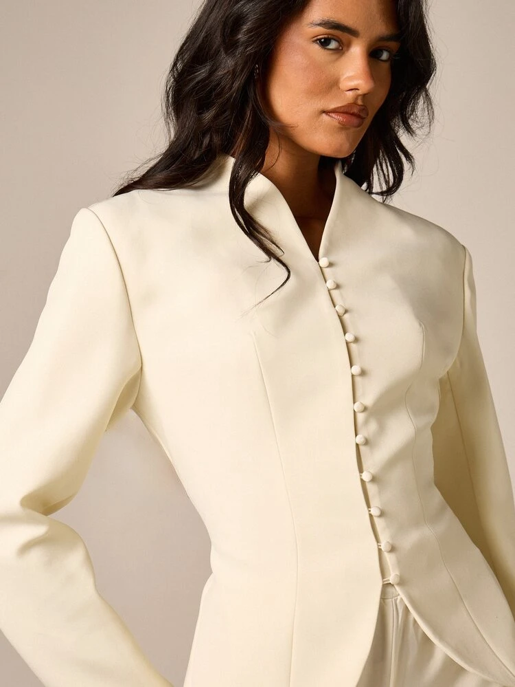 Fitted Satin Blazer With Stand Collar And Button Closure