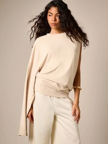 AiiRZ Asymmetric Oversized Cape Top With Crew Neck Long Draped Back Elegant Minimalist Style - Apricot - View 5