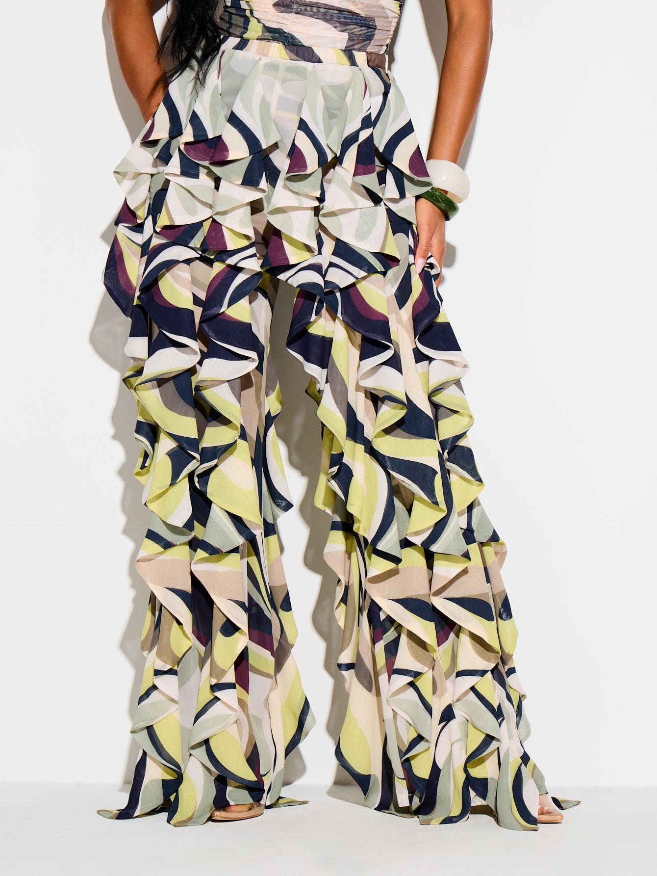 Swirl Print Ruffle Flare Trouser Pants