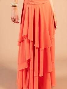 Rouah Vestido Maxi de Mujer con Cuello Halter, Espalda Abierta, Fruncido y Doble Capa - Vestido de Verano, Vestido de Recepción de Boda, Vestido de Fiesta, Vestido de Ocasión, Vestido de Vacaciones - Naranja - Ver 4