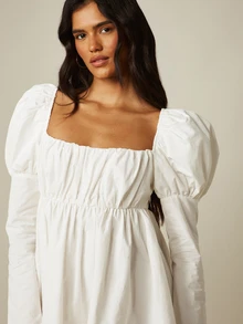 MISSGUIDED Smocked Square Neck Puff Sleeve Mini Babydoll Dress With Open Back Tie Detail Summer Party - White - View 5