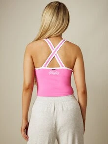 Missguided x Playboy Contrast Binding Crop Sports Tank Top With Crossback Straps And Scoop Neck Summer Active - Hot Pink - View 2